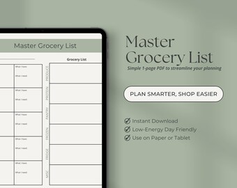Master Grocery List ADHD-Friendly | Meal Planning Shopping Checklist PDF | Neurodivergent Organization Template | Digital Download Printable