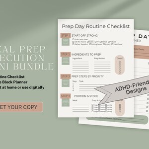 Pode incluir: Um mini pacote de execução de preparação de refeições com uma lista de verificação de rotina e um planejador de blocos de tempo. O design apresenta um esquema de cores verde e bege com o texto "Prep Day Routine Checklist" e "ADHD-Friendly Designs".