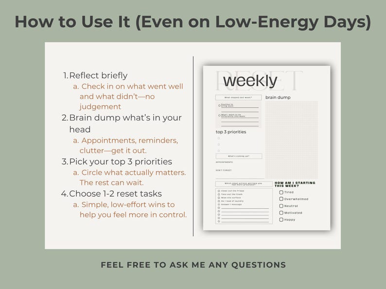 May include: A printable weekly planner with the title "weekly" and sections for brain dumping, top priorities, and reset tasks. The image includes instructions on how to use the planner, with the text "How to Use It (Even on Low-Energy Days)".