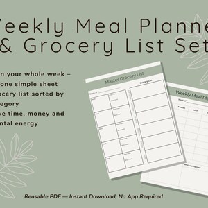 Weekly Meal Planner & Grocery List Bundle | 2-Page Printable Meal Planning + Grocery Organizer | Digital Download