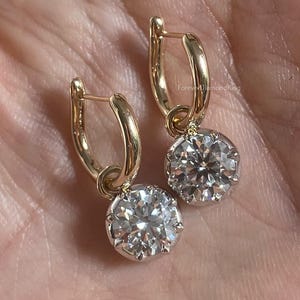 2 + 2 Ct Round Moissanite Earring Bezel Set Moissanite Dangle & Drop Earring 14k Yellow Gold Clip On Diamond Earring Anniversary Gift VVS1