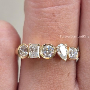 Five Stone Wedding Band 2.00 Ctw Cluster Moissanite Ring Multi Stone Moissanite Band Half Eternity Diamond Band Bezel Set Engagement Ring