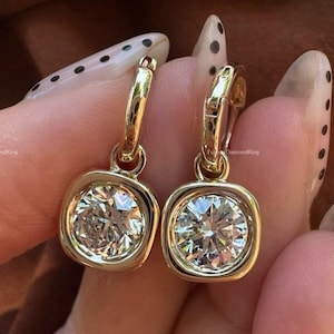 1.50 + 1.50 Ct Round Cut Moissanite Earring Clip On Moissanite Dangle & Drop Earring Bezel Set Diamond Earring 14k Yellow Gold Earring VVS1
