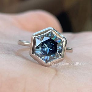 Bezel Set Moissanite Ring 2.00 Ct Hexagon Cut Gray Moissanite Ring Grey Moissanite Engagement Ring Solitaire Wedding Ring Diamond Ring VVS1