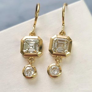 2.50 Ctw Asscher & Round Moissanite Dangle Earrings Two Stone Moissanite Earring 14k Yellow Gold Bezel Set Diamond Earring For Woman Gift