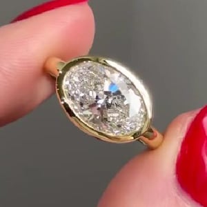 East West Oval Ring Bezel Set Moissanite Ring 2.50 Ct Oval Cut Moissanite Engagement Ring 14k Yellow Gold Solitaire Ring Wedding Ring Woman
