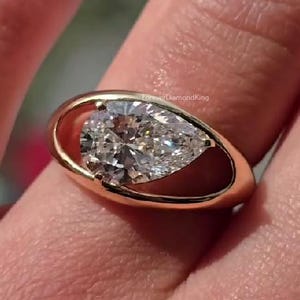 East West Moissanite Ring Pear Moissanite Engagement Ring 2.00 Ct Pear Cut Moissanite Ring 14k Yellow Gold Bezel Set Solitaire Ring Woman