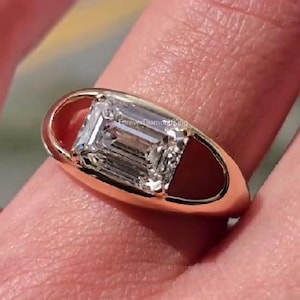 Emerald Moissanite Engagement Ring East West Moissanite Ring 1.50 Ct Emerald Cut Moissanite Ring 14k Yellow Gold Bezel Set Solitaire Ring