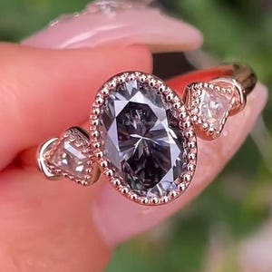 Dark Gray Moissanite Ring Bezel Set Oval Cut Moissanite Ring 2.50 Ctw Oval Moissanite Engagement Ring 14k Yellow Gold Three Stone Ring VVS1