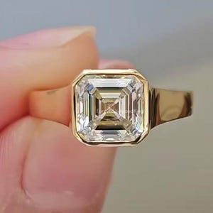 2.00 Ct Asscher Cut Moissanite Ring: 14k Yellow Gold Bezel Solitaire
