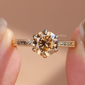 Champagne Moissanite Engagement Ring: 1.50 Ct Round Cut, 14k Yellow Gold Solitaire, VVS1