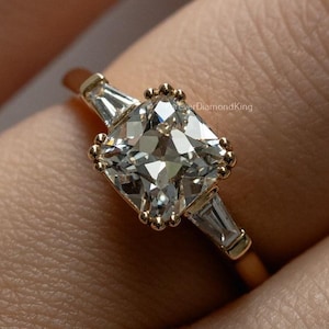 Three Stone Moissanite Ring Antique Cushion Cut Ring 2.20 Ctw Old European Moissanite Ring Old Mine Cut Diamond Ring 14k Yellow Gold Ring