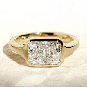 East West Radiant Moissanite Ring Bezel Set Moissanite Ring 2.0 Ct Radiant Cut Moissanite Engagement Ring Yellow Gold Solitaire Wedding Ring