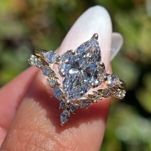 Marquise Moissanite Ring Set: 14k Yellow Gold Cluster Wedding Band