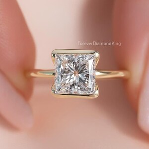 2.00 Ct Solitaire Princess Moissanite Ring Princess Cut Engagement Ring 14k Yellow Gold Bezel Setting Moissanite Ring Diamond Wedding Ring