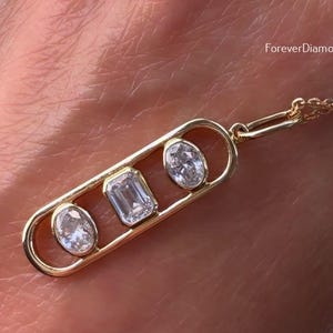 Bezel Set Moissanite Necklace 1.00 Ctw Oval & Emerald Cut Moissanite Necklace Three Stone Wedding Necklace Yellow Gold Diamond Necklace VVS1