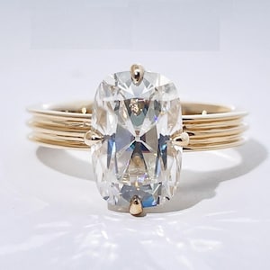 Bague en moissanite coussin oblongue de 3,00 Ct, bague de fiançailles allongée taille coussin, bande épaisse, bague de mariage solitaire en or jaune 14 carats, coupe OMC