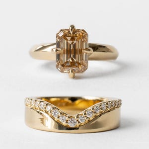 Emerald Cut Champagne Moissanite Ring Set: 14k Yellow Gold Wide Band