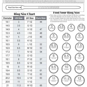 以下が含まれることがあります： What's Your Ring Size?というタイトルの白黒の印刷可能なリングサイズガイド。10mmスケール、切り取り式の紙製リングサイザー、US・UK・ユーロサイズの換算表、およびリングサイズを確認するための円形のテンプレートが含まれています。