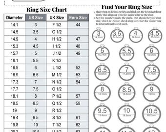 May include: A ring size chart with US, UK, and Euro measurements. Includes instructions for using a printable ring sizer to determine finger size, and a chart to convert to the correct ring size. Features a ring size chart with diameters and corresponding US, UK, and Euro sizes.