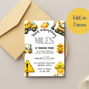 Construction Birthday Invitation: Dump Truck Party, Editable Canva Template (Digital Download)