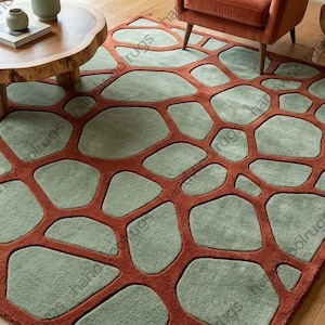 Handmade Hand-Tufted Wool Rug, Abstract Pebble Rug Green Rust Geometric Area Rug, Modern Living Room Carpet Custom Shapes