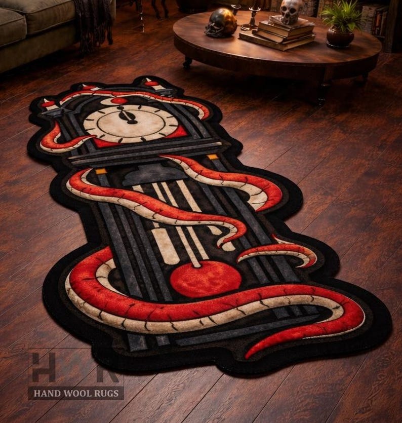 Handmade Horror Clock Wool Rug, Gothic Grandfather Clock Area Rug, Hand ...