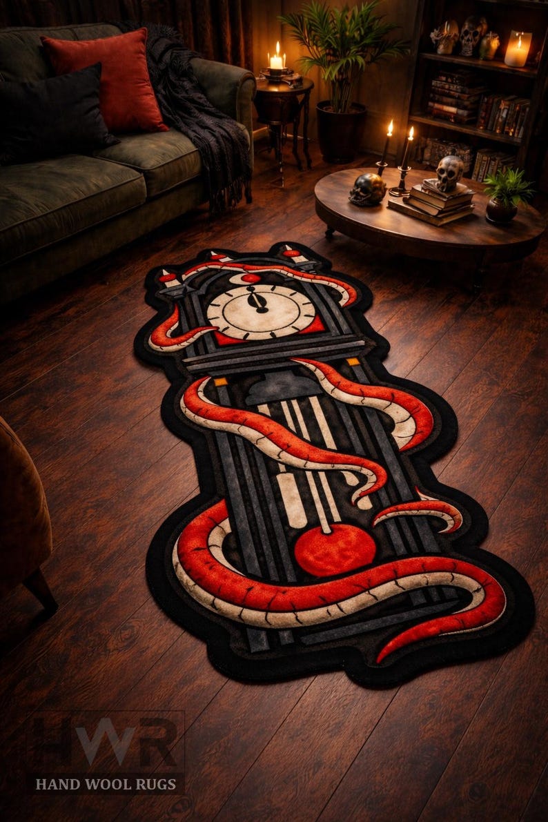 Handmade Horror Clock Wool Rug, Gothic Grandfather Clock Area Rug, Hand ...