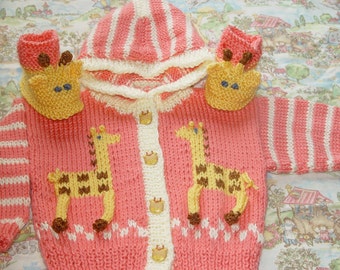 Set of  Hooded cardigan with giraffe in strawberry pink,white and gold + giraffe booties. In size for 3-6 m