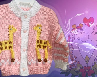 Cardigan with giraffe  in the softest pink,  and gold  for newborn -3m  baby girl, reborn