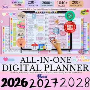 May include: A digital planner with a rainbow theme, featuring 230+ templates, 2000+ digital stickers, and 1040+ pages. The planner includes a best seller badge and is designed for Goodnotes, Notability, and Noteshelf. The planner covers daily, weekly, monthly, and lifestyle planning.