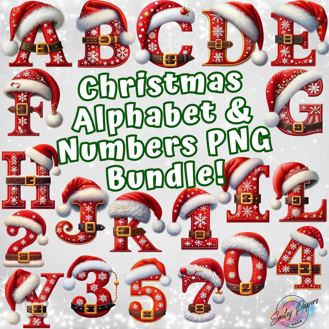 Christmas Alphabet Numbers PNG Bundle, Santa Hat Font (digital Download ...
