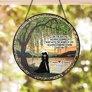 Personalized 9th Anniversary Willow Stained Glass Suncatcher, Wedding Anniversary Window Decor For Couples, 9 Years Anniversary Gift For Her