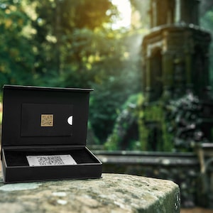 May include: A black presentation box, open to display a silver card with a QR code and a gold card with a smaller QR code. The box is set against a blurred backdrop of green foliage and a stone structure.