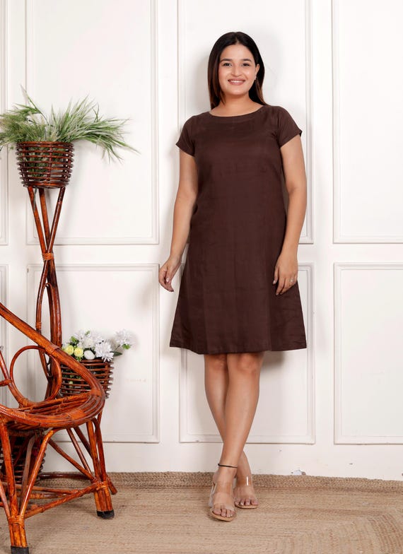 Handmade Brown Linen Shift Dress: Minimalist A-line Midi Dress - Etsy New  Zealand