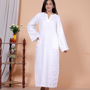 White Color Linen Dress, Long linen kaftan dress, plus size dress with Pockets, maxi dress, Gift For Her