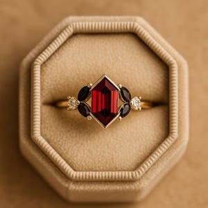 Puede incluir: Un anillo de oro con una gran gema roja rectangular facetada en el centro, enmarcada por un engaste dorado. El anillo está flanqueado por gemas negras y pequeñas gemas blancas. El anillo se presenta en un joyero beige.