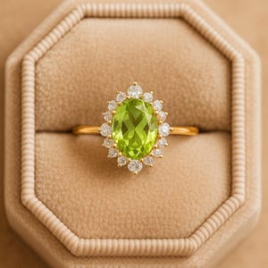 Green Peridot Halo Ring | Oval Cut, Gold Diamond Style