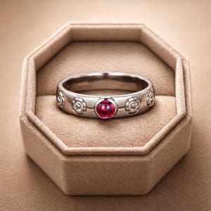 May include: A silver ring with a central red gemstone and floral designs. The ring is set in a beige jewelry box. The ring's band features embossed floral patterns. The red gemstone is round and prominent.