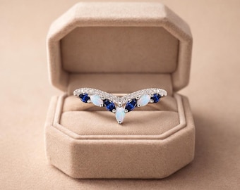 Sapphire and Lab Opal Marquise Ring, Gold Curved Wedding Band