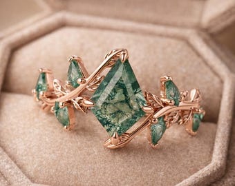 Kite Cut Moss Agate Ring | Rose Gold Leaf Vine Engagement Ring