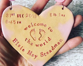 Welcome to the World CUSTOM baby heart. Handmade ceramic heart, made in Wales. Free UK delivery.