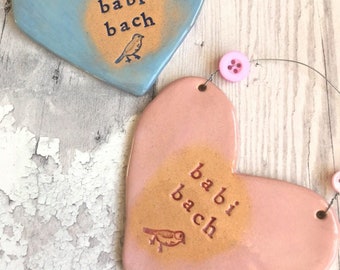 Babi Bach (Little Baby in Welsh) New Baby arrival gift. Ceramic. Blue /pink. Made in Wales, UK. Free UK P&P