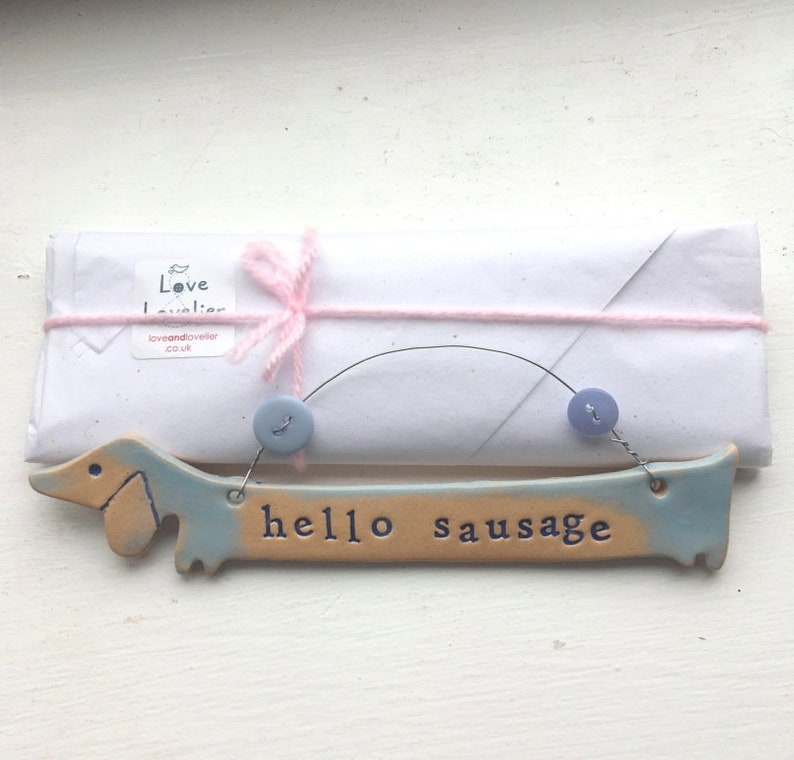 Op de afbeelding: Een hangend bord van keramiek in de vorm van een teckel met de tekst "hello sausage" in blauwe letters op een lichtblauwe en bruine achtergrond. Het bord hangt aan twee blauwe knopen.