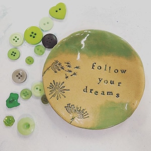 Ceramic Jewelry Dish: Mint Green Ring Holder, Tea Bag Plate - &#39;Follow Your Dreams&#39;
