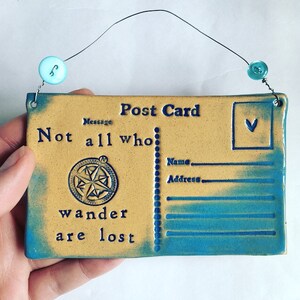 Not All Who Wander Are Lost- Ceramic postcard with vintage buttons. Made in Wales, UK. Free UK P&P