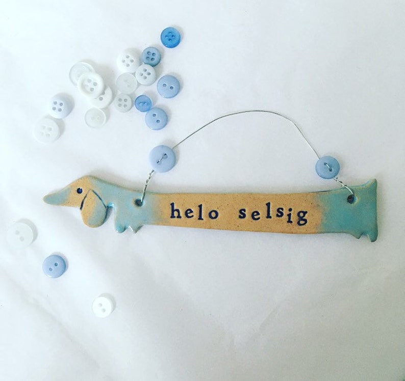 Op de afbeelding: Een keramische dackel-vormige ornament met een blauwe en bruine glazuur. De ornament heeft een draadhanger en de woorden "hello selsig" erop geschreven. De ornament is omringd door blauwe en witte knopen.