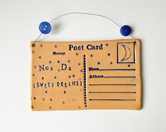 Nos Da (Good Night in Welsh) - Ceramic postcard with vintage buttons. Made in Wales, UK.  Ready to Ship. Free UK P&P