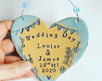 Wedding heart plaque - Custom ceramic heart keepsake. Made in Wales, UK. FREE UK delivery.