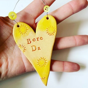 Bore Da (Good Day in Welsh): ceramic hanging heart. Made in Wales.
